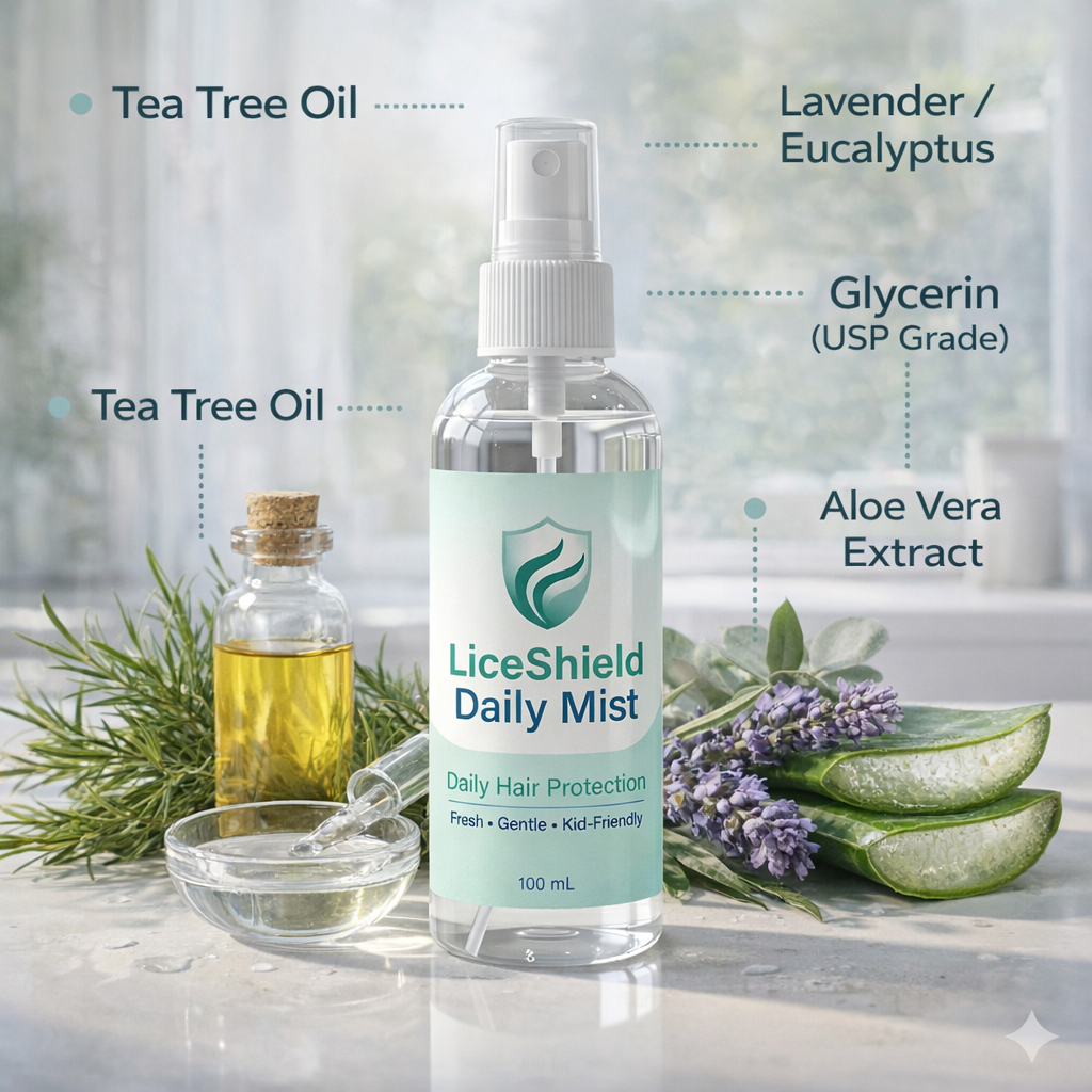 LiceShield Daily Mist Ingredients - Tea Tree Oil, Lavender/Eucalyptus, Glycerin USP Grade, Aloe Vera Extract