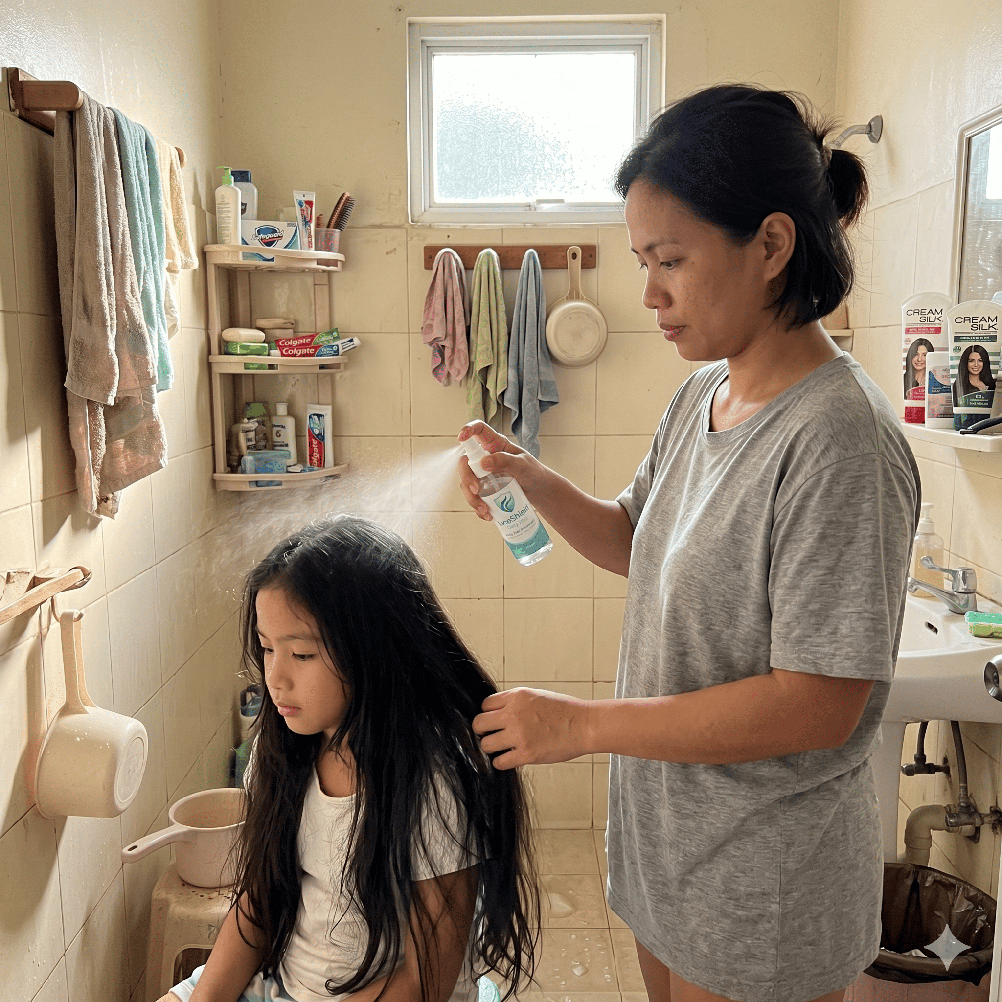 Mother applying LiceShield Daily Mist to child's hair